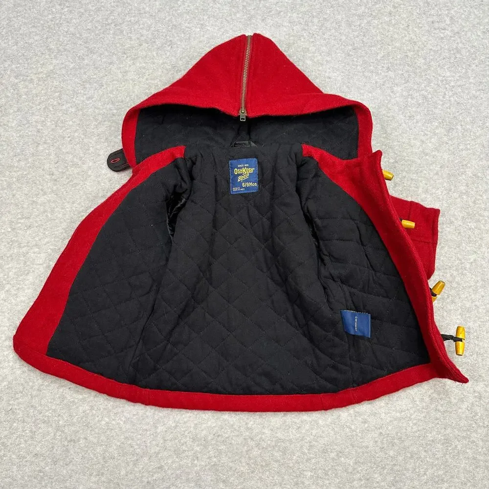 OshKosh Wool Duffle Coat Red Hooded Toggle Infant 6-9mths VTG Style Preppy